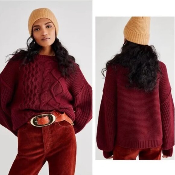 Free People Dream Cable Knit Crewneck Sweater Cabernet Burgundy Red Size XS - Picture 9 of 9